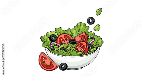 A vibrant salad bowl showcases fresh lettuce, tomatoes, onions, and olives, garnished with floating leaves for a healthy option.