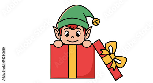 Cheerful Cartoon Elf Peeking Out of a Red Gift Box.