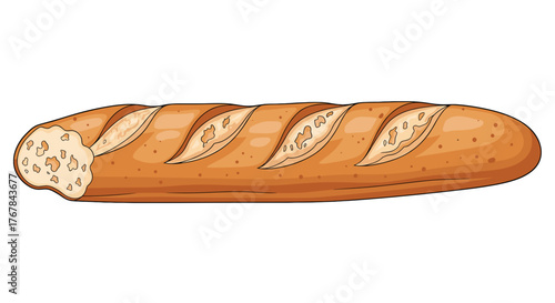 A partially eaten crusty baguette with a golden brown exterior and soft, airy interior in a cartoon drawing style.