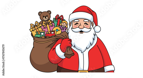 Cheerful Santa Claus with a sack full of Christmas presents and toys.