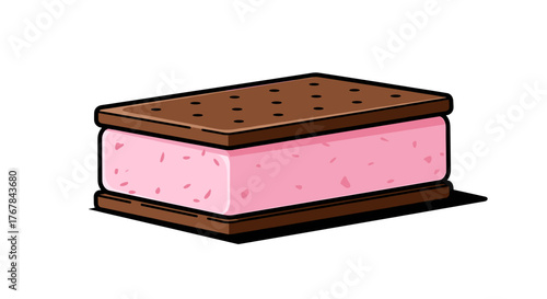 A tasty frozen dessert featuring pink flavored ice cream sandwiched between two chocolate square cookies. Summer treats.