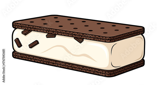 An ice cream sandwich consists of vanilla ice cream between two chocolate cookies, adorned with chocolate sprinkles.
