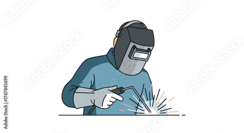 Welder at work with protective helmet and gloves creating sparks.