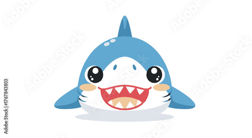 Cute Happy Cartoon Blue Shark with Big Eyes and Sharp Teeth.