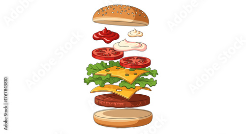 A cartoon representation of a burger with all its layers separated. It has tomatoes, lettuce, cheese, and condiments.