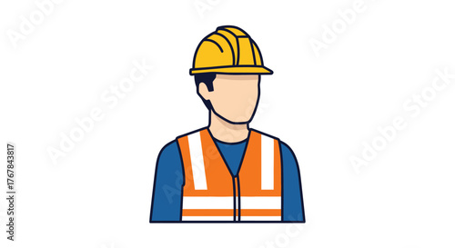 Illustration of a construction worker wearing a yellow hard hat and orange safety vest.