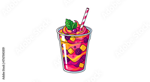 A vibrant fruit smoothie in a cup with a striped straw, garnished with mint leaves and colorful berries. Refreshing!