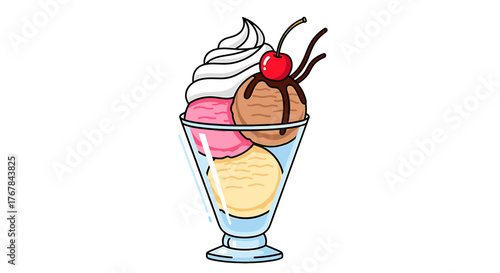 A delicious sundae with multiple flavors is an excellent treat for dessert in a tall sundae glass and a cherry on top.