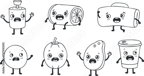 A playful illustration of cartoon food characters expressing various emotions in a fun style.