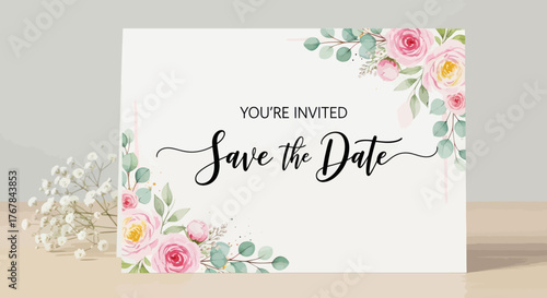 Elegant Save the Date wedding invitation card with beautiful pink watercolor roses and script typography.