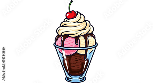 Delicious ice cream sundae with scoops of strawberry, vanilla, and chocolate, topped with whipped cream and a cherry.