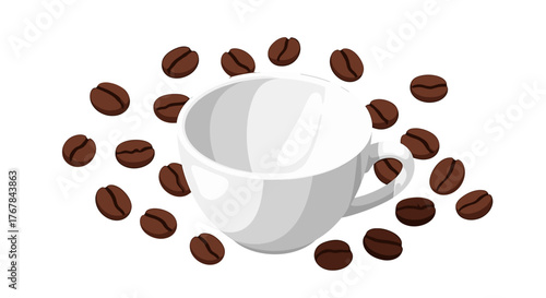 A pristine white cup sits amidst a scattering of roasted coffee beans, creating a visual symphony of warmth and anticipation.