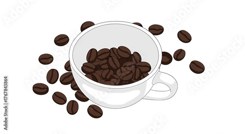 A clean, inviting white cup filled to the brim with rich, brown coffee beans, ready to be transformed into brew.