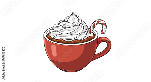 A festive red mug of hot chocolate topped with whipped cream and a candy cane, perfect for a cozy winter treat.
