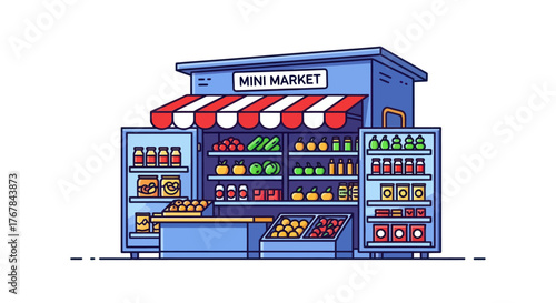 Charming Blue Mini Market Storefront with Colorful Awnings and Shelves of Goods.