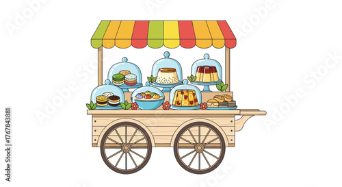 Colorful Illustrated Dessert Cart with Various Sweet Treats.