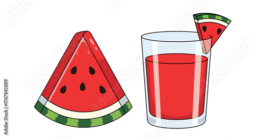 Refreshing watermelon slice and juice, perfect for a hot day. A healthy and delicious treat for everyone to enjoy.