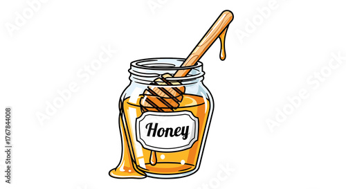 A jar of honey with a wooden dipper inside, oozing with sweet deliciousness, set against a transparent background.