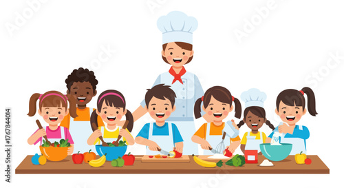 A female chef teaches a group of happy diverse children in a cooking class illustration.
