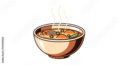 A steaming bowl of flavorful soup. The broth simmers with vibrant vegetables and aromatic spices, perfect for winter