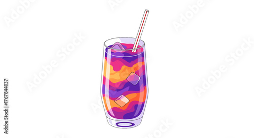 Vibrant drink with ice and a straw, showcasing a mix of purple and orange hues in an aesthetically pleasing design.