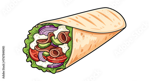 Delicious wrap with meat, tomato, onion, avocado, lettuce, and sauce. It is a complete and tasty meal.