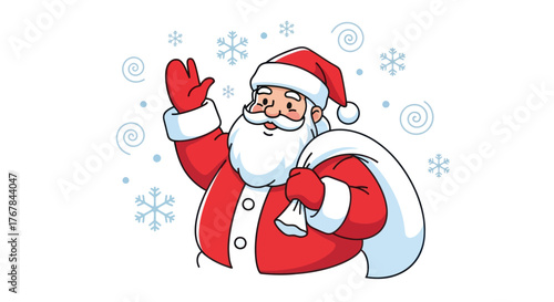 Cheerful Santa Claus Waving with Gift Sack.