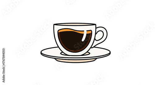 A white mug filled with dark coffee sits on a saucer against a transparent background. The image is simple and clean.