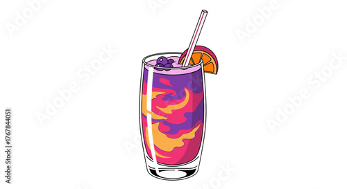 An artfully designed cocktail with bold swirls of purple, pink, and orange, garnished with fruit and a straw.