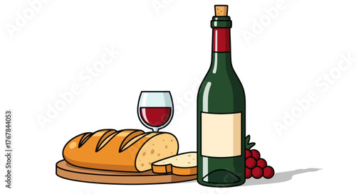 A bottle of red wine a glass of wine a loaf of bread and grapes.