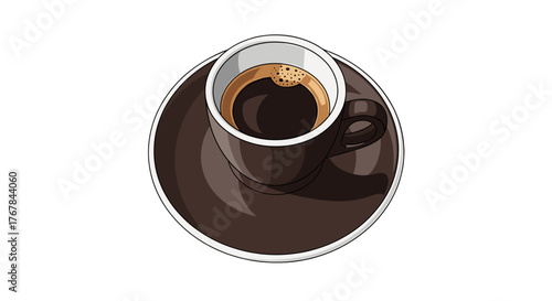 A steaming cup of dark coffee sits in a brown cup on a brown saucer. Coffee is hot with some bubbly crema on top.