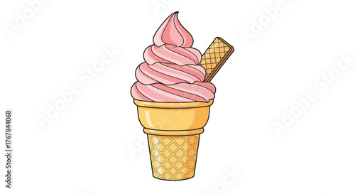 Pink Swirled Soft Serve Ice Cream Cone with Wafer.
