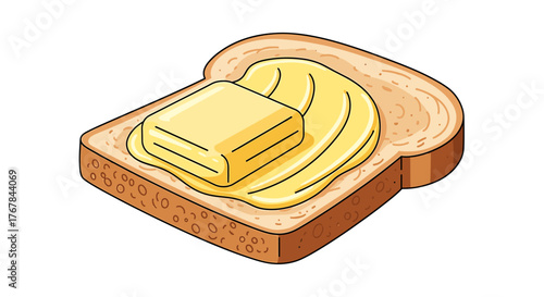 A slice of toast is topped with a generous slab of butter, melting into a creamy, golden spread.  Delicious breakfast.
