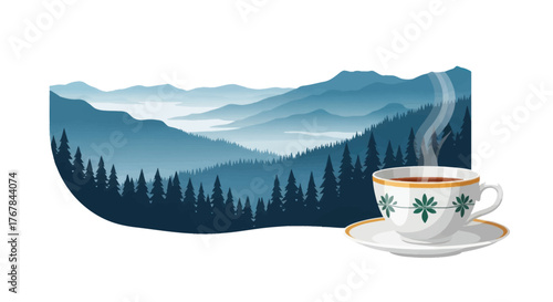 Elegant Porcelain Teacup with Floral Design and Steam.