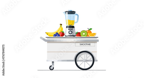 A white mobile smoothie cart with a blender and fresh fruits like bananas berries and kiwi.