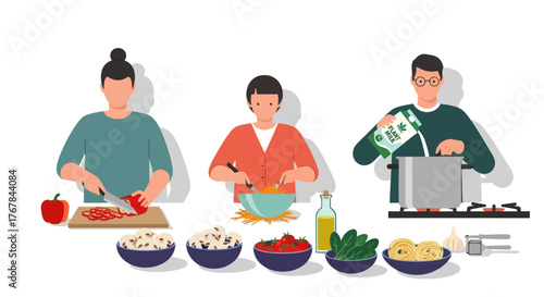 Three men cooking and preparing food chopping vegetables mixing ingredients and pouring into a pot.