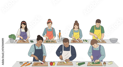 Diverse group of people actively engaged in a cooking class chopping vegetables.