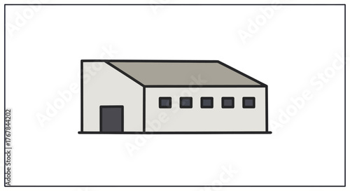 Simple Illustration of a Modern Warehouse Building with a Sloped Roof.