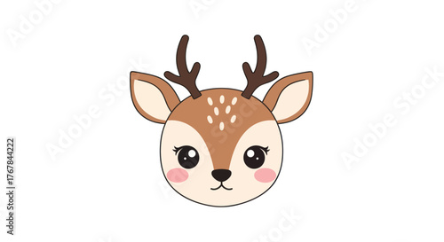 Cute Cartoon Deer Head Illustration with Antlers and Spots.