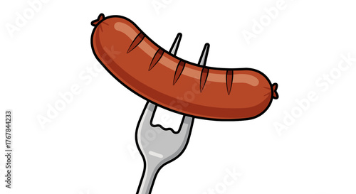 A juicy sausage, grilled to perfection, sits on a fork, ready to be enjoyed as part of a barbecue or summer meal.