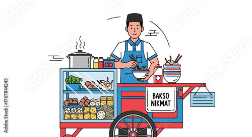 Bakso Vendor with Cart: A Smiling Seller Preparing Meatball Soup.