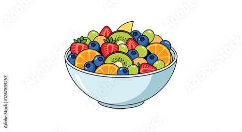 A vibrant bowl of fresh fruit, including kiwi, strawberries, oranges, blueberries, and grapes, ready to be eaten.