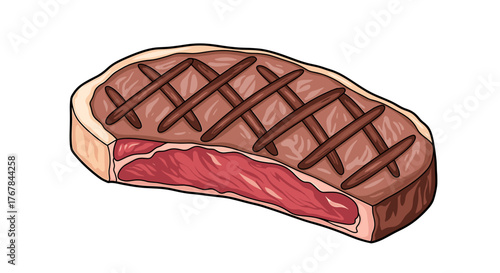 A grilled steak, cooked to perfection with distinct grill marks, cut to reveal the pink meat within, perfect for dinner.