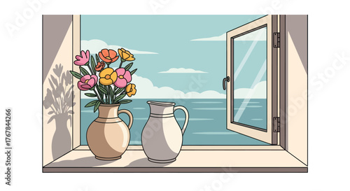 Still Life: Flowers in Vase and Pitcher on Windowsill Overlooking the Sea.