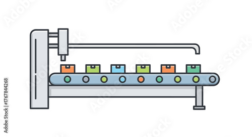 Cartoon factory conveyor belt with colorful boxes automated production line illustration.