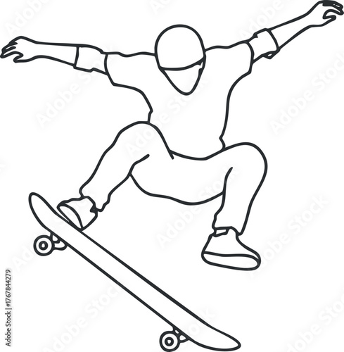 A dynamic illustration of a skateboarder performing a jump trick in mid-air.