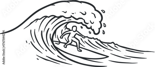 A dynamic illustration of a surfer riding a large wave in the ocean.