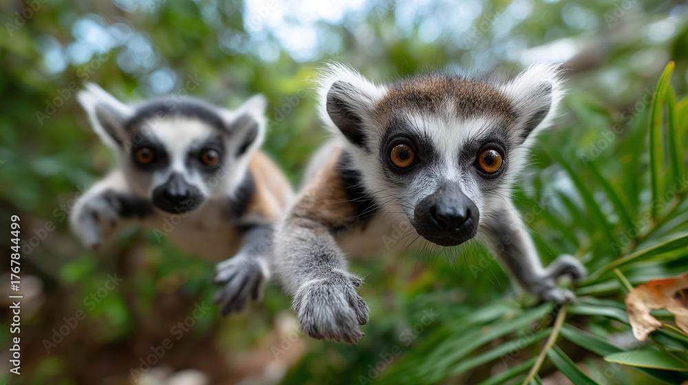 Fototapeta premium Lemurs leaping between branches in Madagascar forest, curious eyes, Africa, lemurs, rainforest, wildlife, Madagascar, nature, primates, with copy space