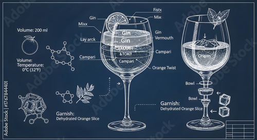 Cocktail drink recipe and instruction technical drawing blueprint diagram infographic