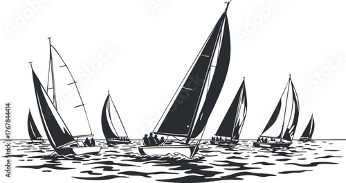 A dynamic illustration of multiple sailboats racing across the ocean waters in black and white.